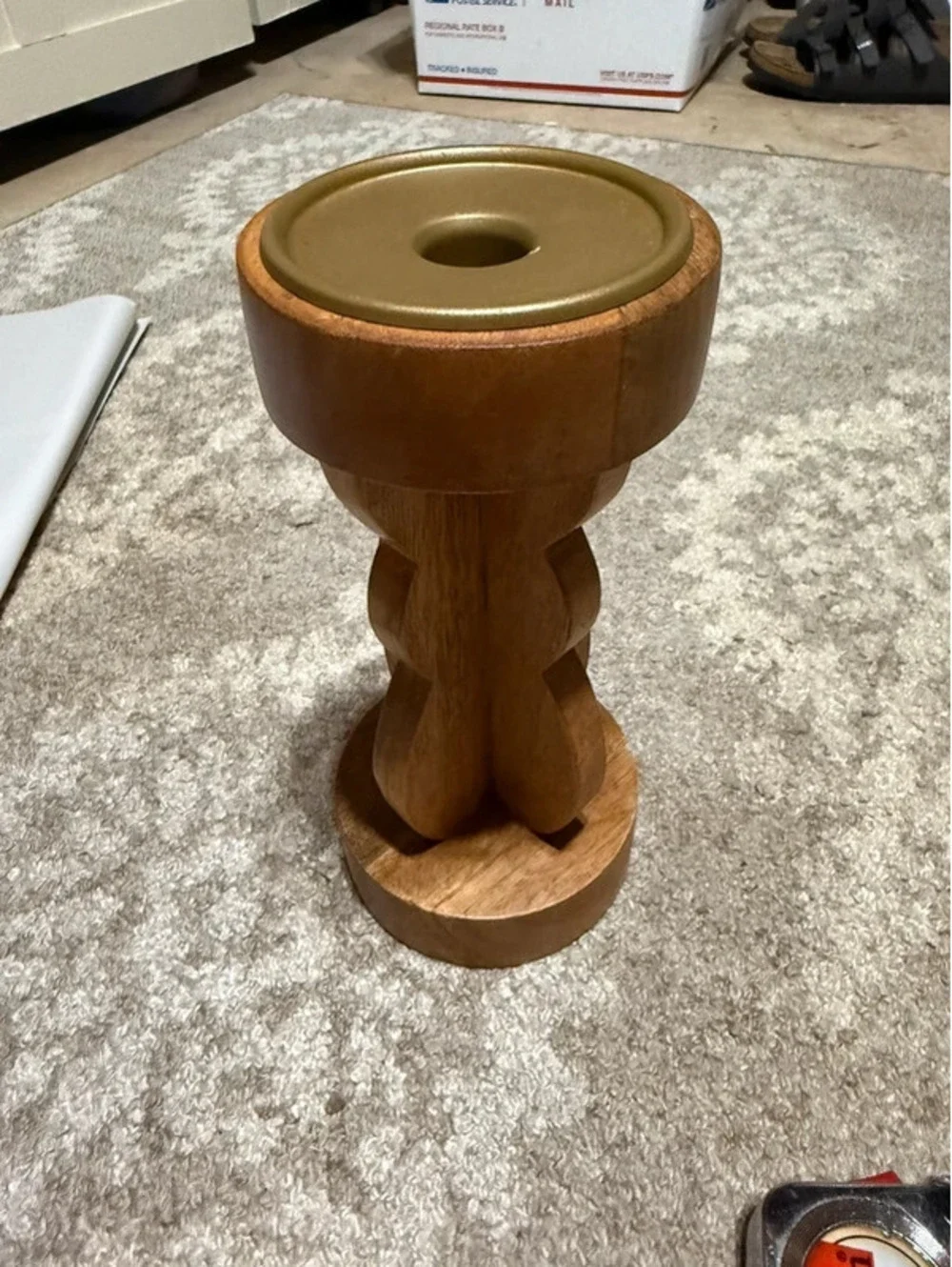 Modern Carved Wood Star Pillar Candle Holder – Geometric Accent